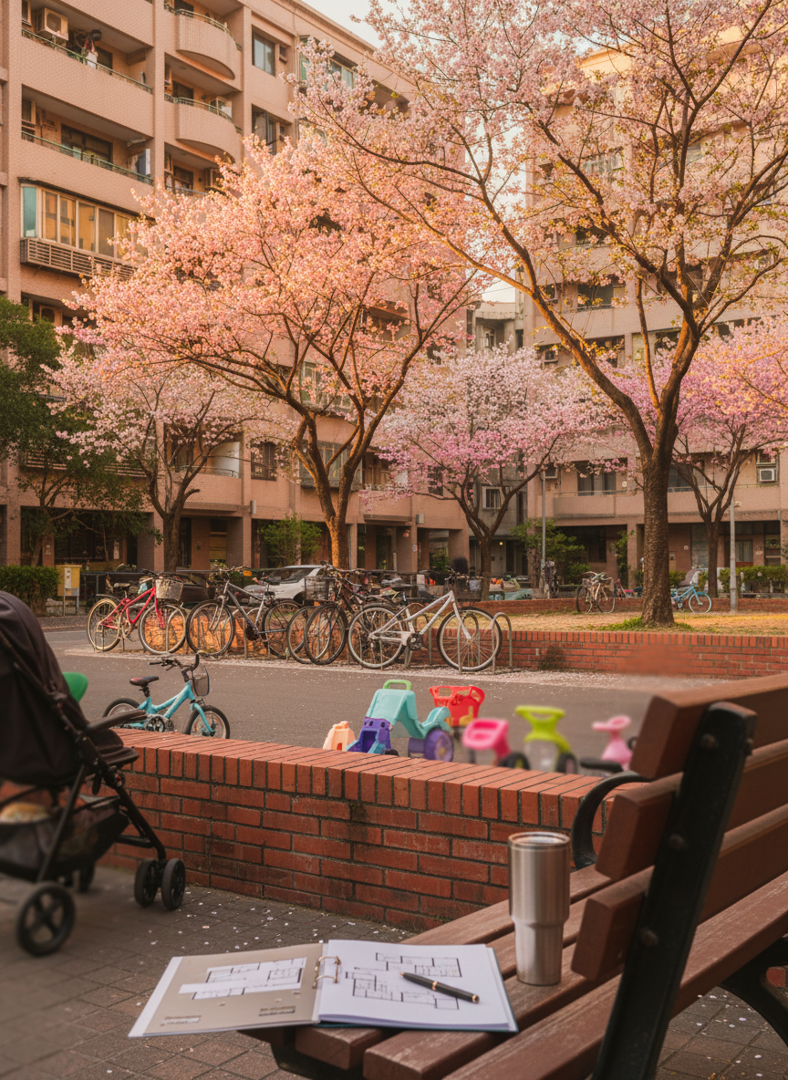 A cozy Hsinchu neighborhood street scene centered on a small corner park, with bicycles neatly parked beside a low brick wall, flowering trees in spring bloom, and mid-rise apartment buildings with simple balconies in the background. On a nearby bench, a folder with floor plans, a pen, and a reusable coffee tumbler subtly hint at an ongoing property consultation. The lighting is warm golden hour sun, casting long, gentle shadows and creating a welcoming glow on the building facades. Photographic realism, captured from a slightly elevated angle using the rule of thirds, with crisp focus on the bench and consultation materials and a soft bokeh effect on families and daily life implied only through blurred strollers and toys, not visible people. The mood is warm, community-oriented, and quietly optimistic.