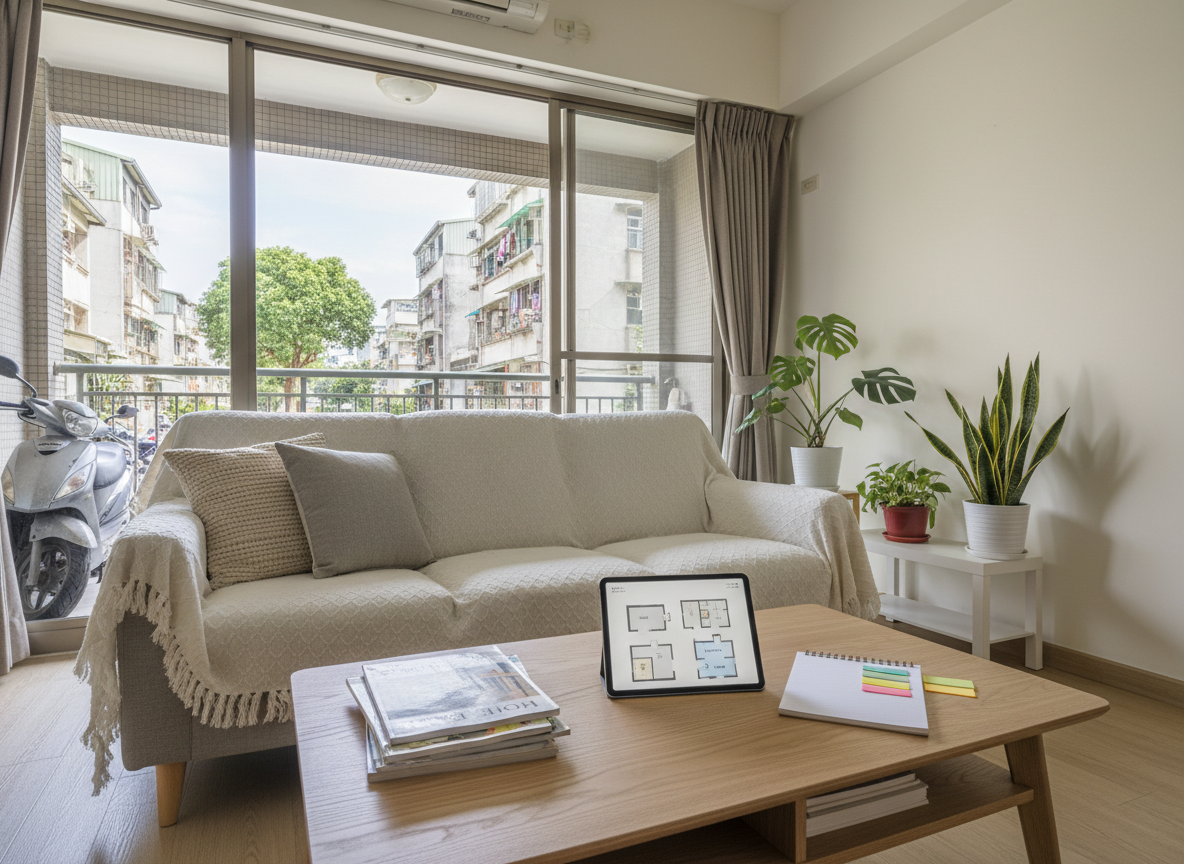 A serene living room scene in a typical Hsinchu apartment, designed to highlight lifestyle rather than luxury. A comfortable fabric sofa with a textured throw blanket faces a low wooden coffee table with neatly stacked magazines about home planning, a tablet displaying a floor plan, and a small notepad with color sticky flags. A balcony door opens to a view of a tree-lined residential street with scooters parked along the curb and modest apartment facades. Natural daylight pours in from the balcony, softly illuminating neutral tones and green indoor plants. Photographic realism, composed at eye level with a wide lens to show the full space, maintaining sharp focus throughout. The mood is lived-in, practical, and hopeful, suggesting a consultant helping clients imagine daily life in a new home, with no people present.