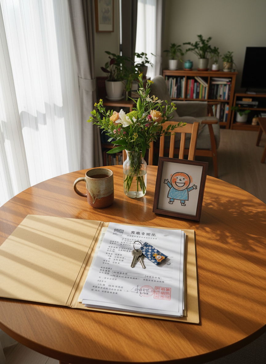 A detailed transaction story vignette portrayed through objects on a round wooden dining table in a modest, sunlit Hsinchu apartment. At the center rests an open folder with a completed property agreement, a set of simple house keys on a fabric keychain, and a small framed illustration of a smiling abstract character representing a satisfied client. Nearby, a ceramic mug and a vase with fresh local flowers suggest celebration. Soft afternoon light filters through sheer curtains, creating gentle patterns on the table surface. Shot from a slightly top-down angle in photographic realism, with sharp focus on the keys and documents and a softly blurred living room in the background showing bookshelves, plants, and everyday items. The atmosphere is intimate, sincere, and quietly joyful, emphasizing the emotional side of closing a home purchase without showing any human figures.