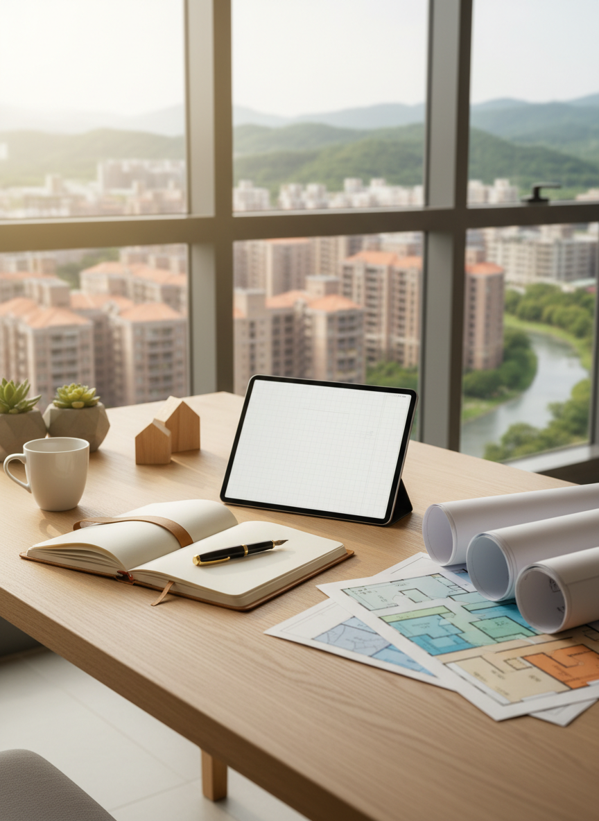A bright, modern home consultation workspace designed around an invisible central advisor figure, represented by an open leather notebook, a neatly arranged tablet, and a set of color-coded floor plan prints on a light oak desk. Through large windows, a recognizable but stylized New Hsinchu skyline appears with mid-rise residential buildings and gentle green hills, avoiding any luxury high-rise aesthetic. Soft morning sunlight streams in, creating subtle reflections on the tablet screen and warm highlights on the wood grain. Photographic realism with a clean, professional look, shot at eye level with shallow depth of field that gently blurs the city outside. The atmosphere feels trustworthy, calm, and focused, evoking a personal, one-on-one real estate advisory session without showing any people.