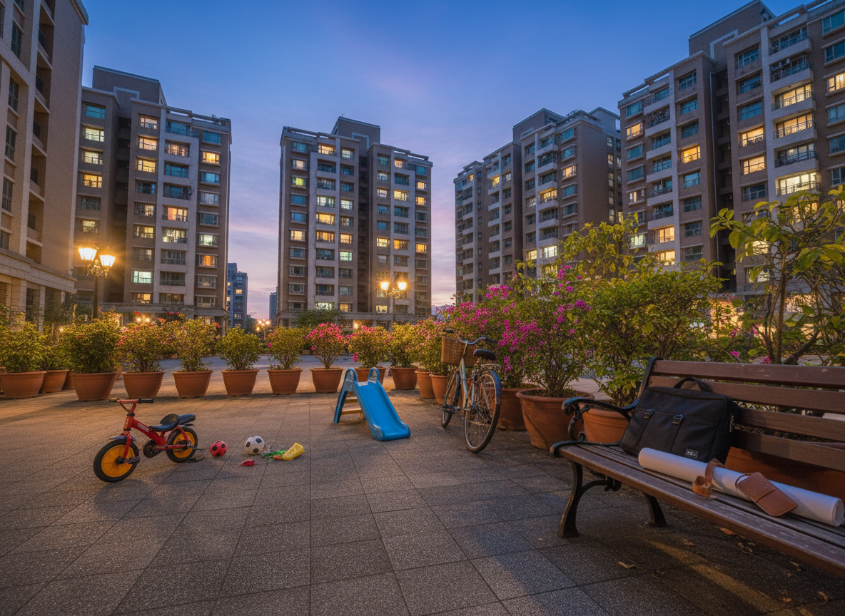 An atmospheric Hsinchu community scene at dusk, focusing on lifestyle around a residential complex rather than the buildings themselves. In the foreground, a paved courtyard with children’s toys, bicycles, and potted plants suggests active family life. On a nearby bench, a closed laptop bag, rolled architectural drawings, and a simple key pouch subtly imply a recent consultation. Behind, mid-rise apartment buildings with warm window lights form a comforting backdrop. The sky glows deep blue with remaining daylight, while soft, warm courtyard lamps create pools of light and gentle shadows. Photographic realism, captured from a low angle, leading the eye from the objects on the ground up to the lit windows. The mood is tranquil, safe, and community-focused, reflecting the idea of finding not just a house but a place to belong, with no people visible.