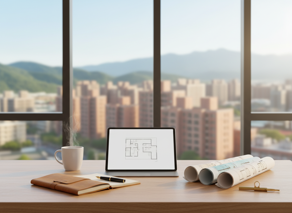 A bright, modern home consultation workspace designed around an invisible central advisor figure, represented by an open leather notebook, a neatly arranged tablet, and a set of color-coded floor plan prints on a light oak desk. Through large windows, a recognizable but stylized New Hsinchu skyline appears with mid-rise residential buildings and gentle green hills, avoiding any luxury high-rise aesthetic. Soft morning sunlight streams in, creating subtle reflections on the tablet screen and warm highlights on the wood grain. Photographic realism with a clean, professional look, shot at eye level with shallow depth of field that gently blurs the city outside. The atmosphere feels trustworthy, calm, and focused, evoking a personal, one-on-one real estate advisory session without showing any people.