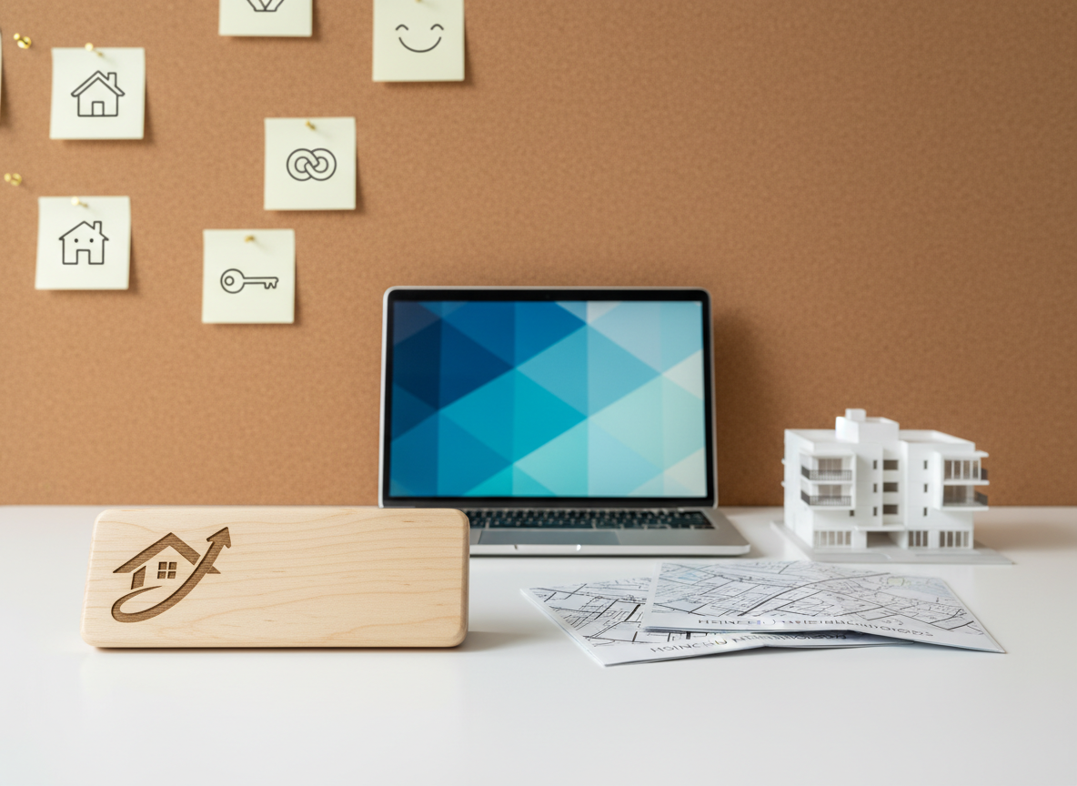 A professional yet warm branding-style image centered on a symbolic representation of the real estate consultant’s personal brand. On a clean white desk lies a custom wooden nameplate engraved only with an abstract icon, beside a slim laptop, neatly stacked Hsinchu neighborhood maps, and a small model of a simple mid-rise residential building. A corkboard wall behind the desk holds pinned anonymous thank-you cards represented by hand-drawn icons and house sketches instead of text. Soft, diffused studio lighting creates minimal shadows and a clean, modern feel. Photographic realism with a centered composition and shallow depth of field that keeps the desk objects crisp while gently blurring the corkboard. The atmosphere is professional, reliable, and personable, highlighting dedication to service and client stories without showing any humans or explicit text.